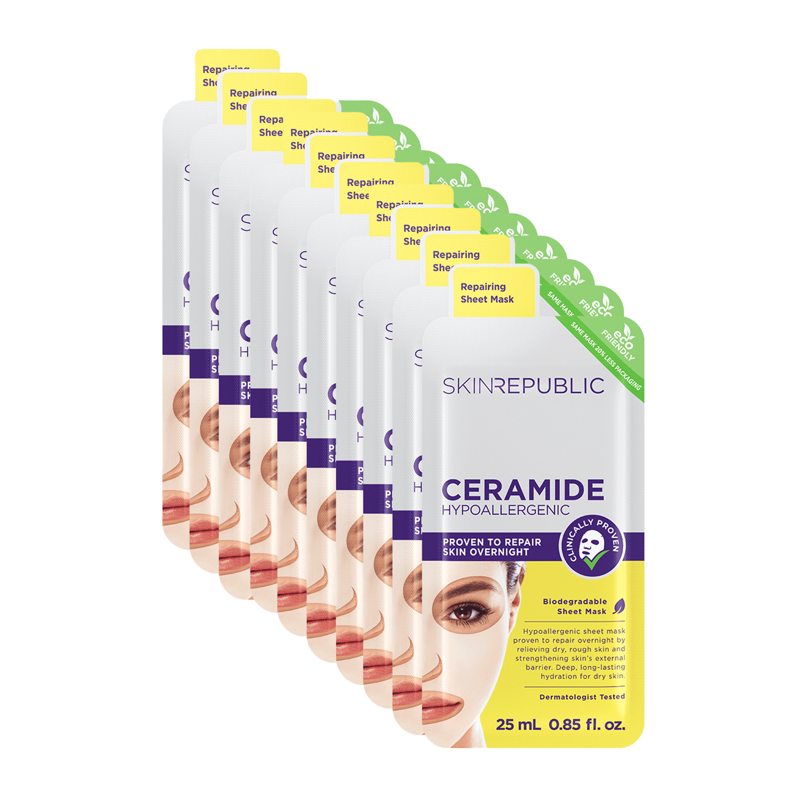 Multiple packages of Skin Republic Ceramide sheet masks on a white background