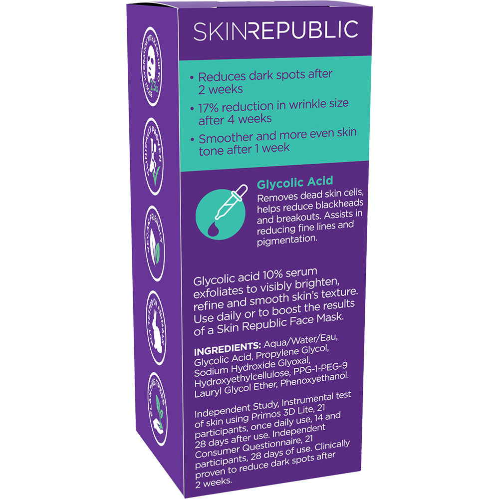 SKIN REPUBLIC skincare product packaging with purple and teal design on a white background