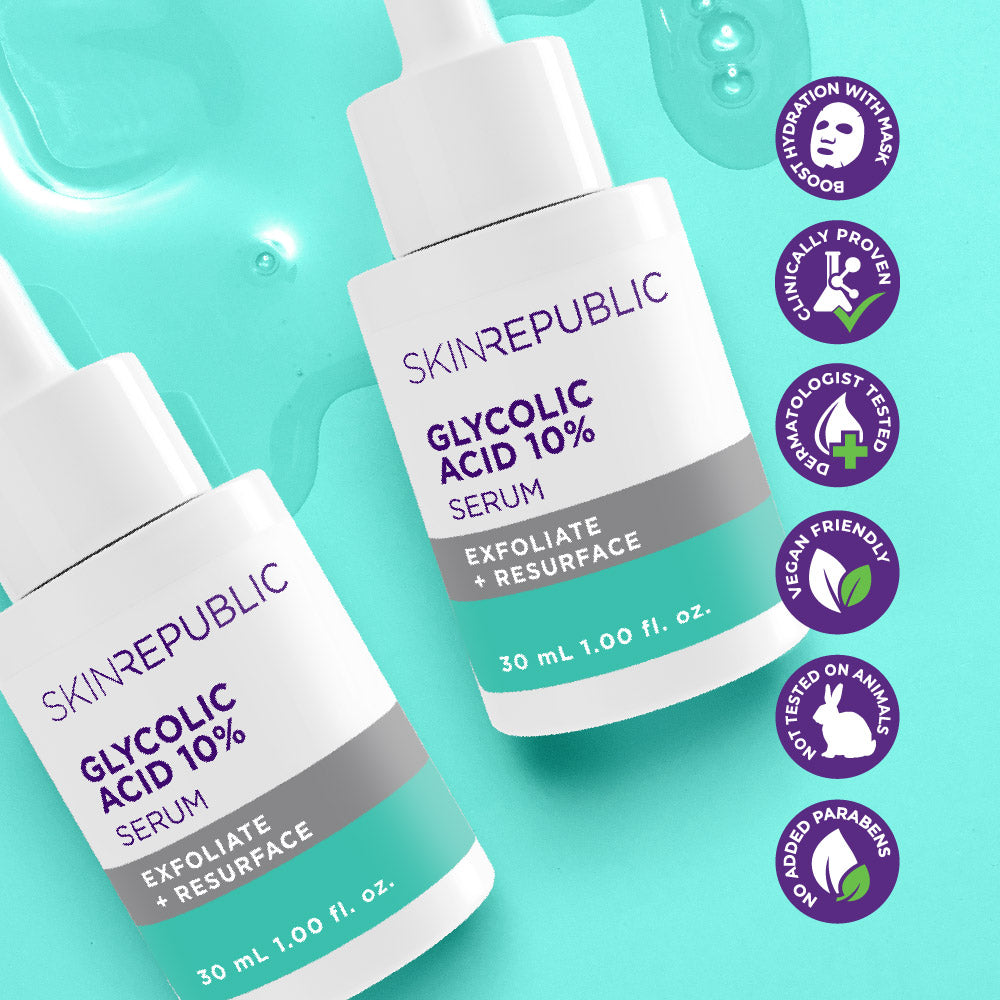 Two bottles of Skin Republic Glycolic Acid 10% Serum on a turquoise background with brand icons.
