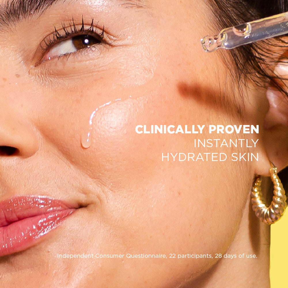Close-up of a person applying skincare product with text about clinically proven hydration.