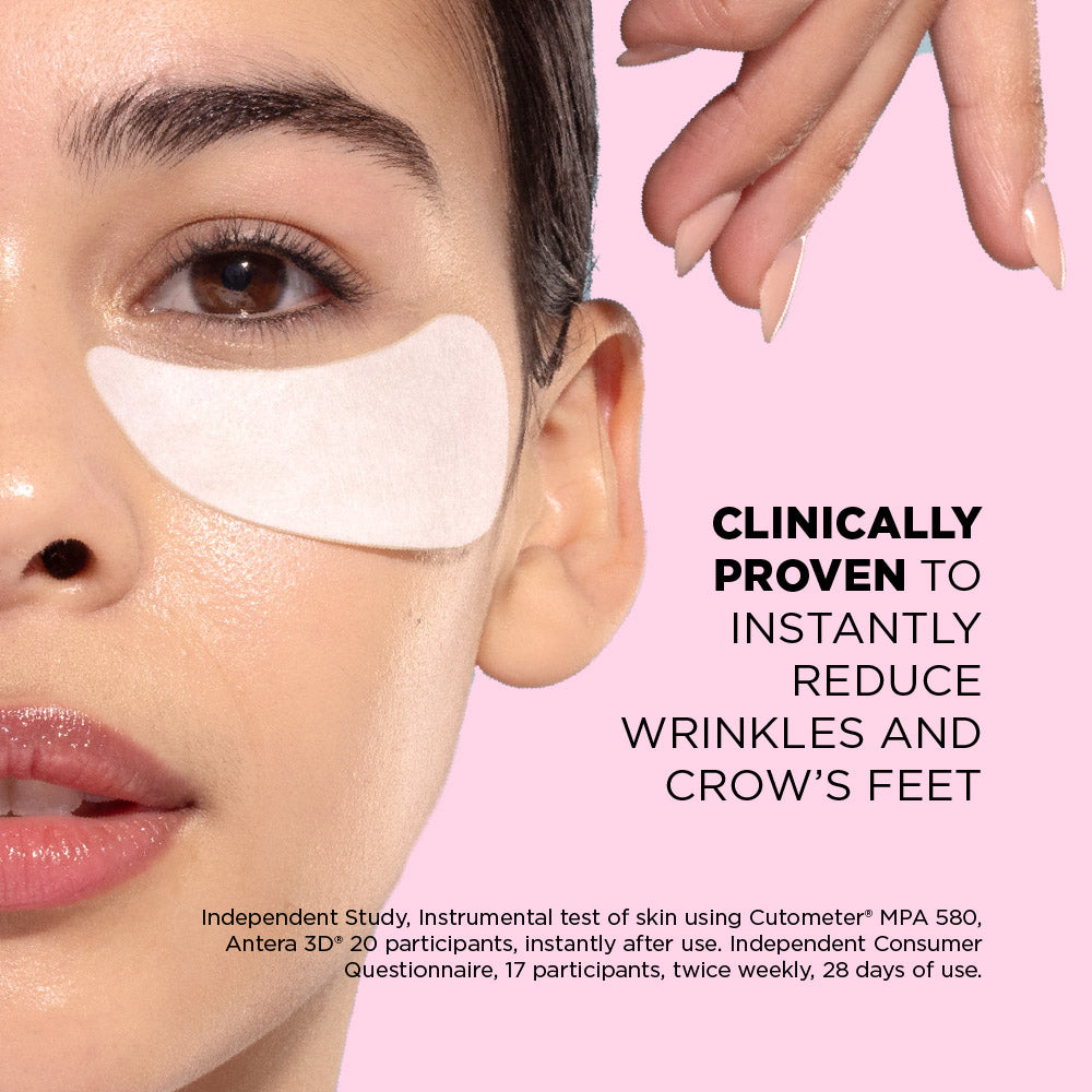 Close-up of a person's face with a skincare patch, pink background with text about product benefits.