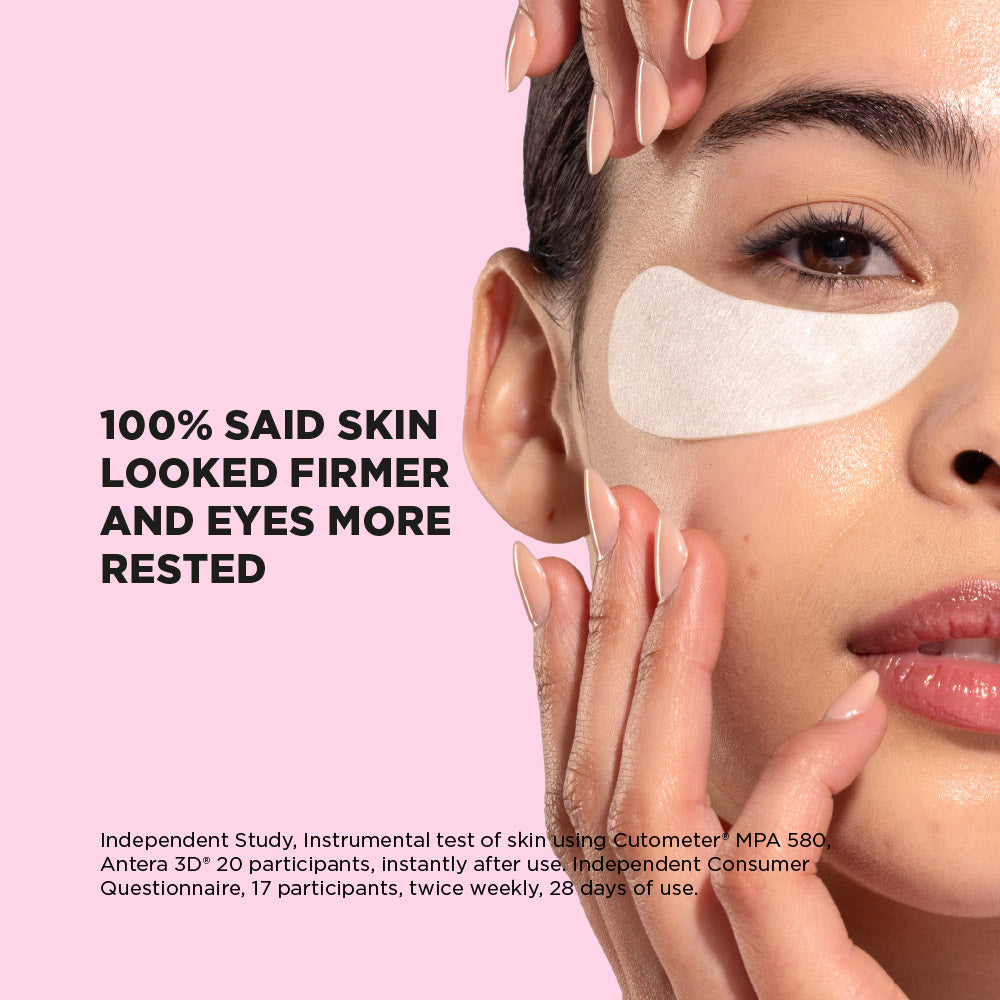 Woman applying eye patches with text on a pink background