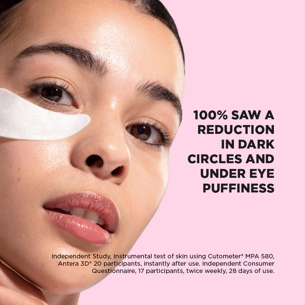 Close-up of a woman's face with text about reducing dark circles and puffiness on a pink background