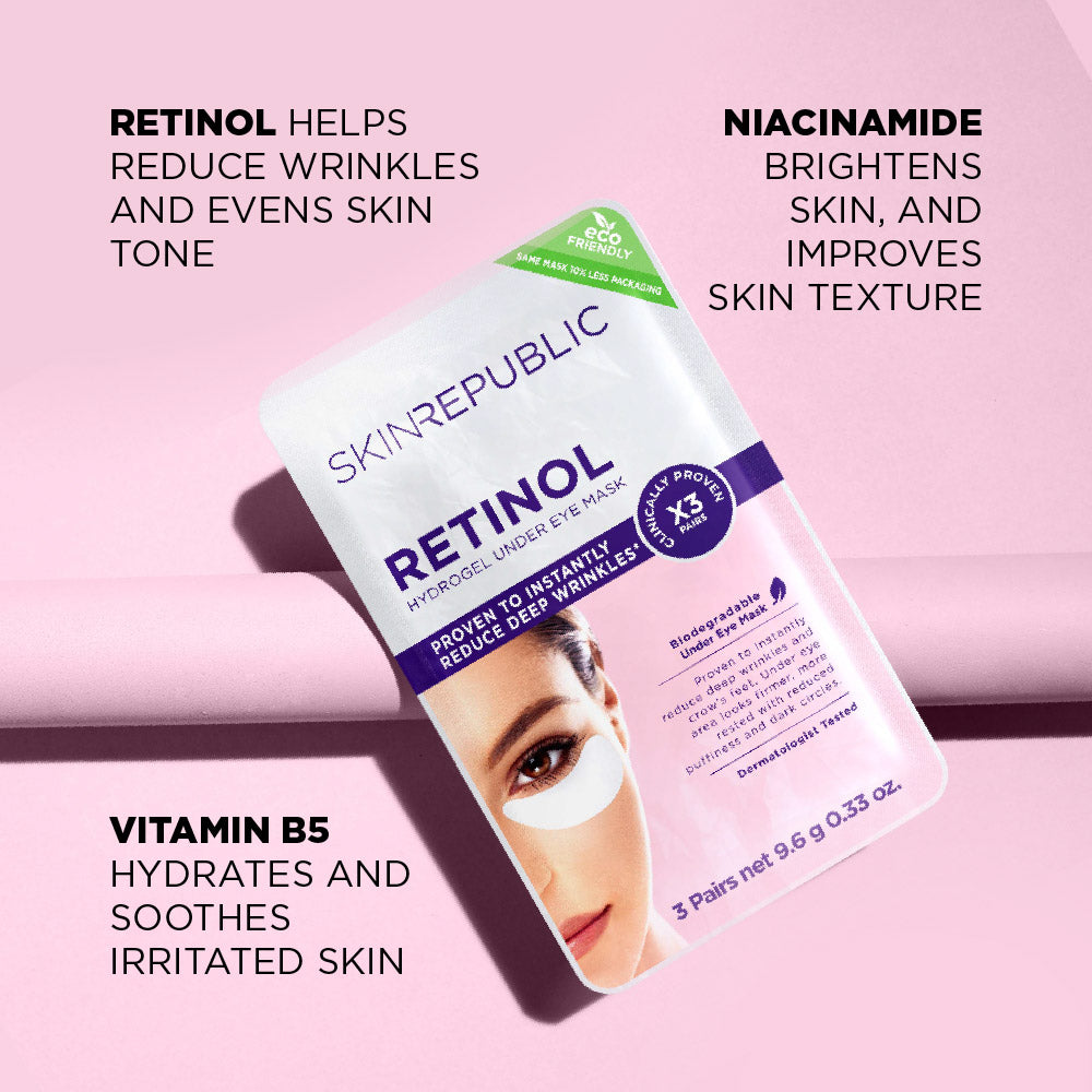 Skin Republic Retinol hydrogel eye mask packaging on a pink background with text about ingredients.
