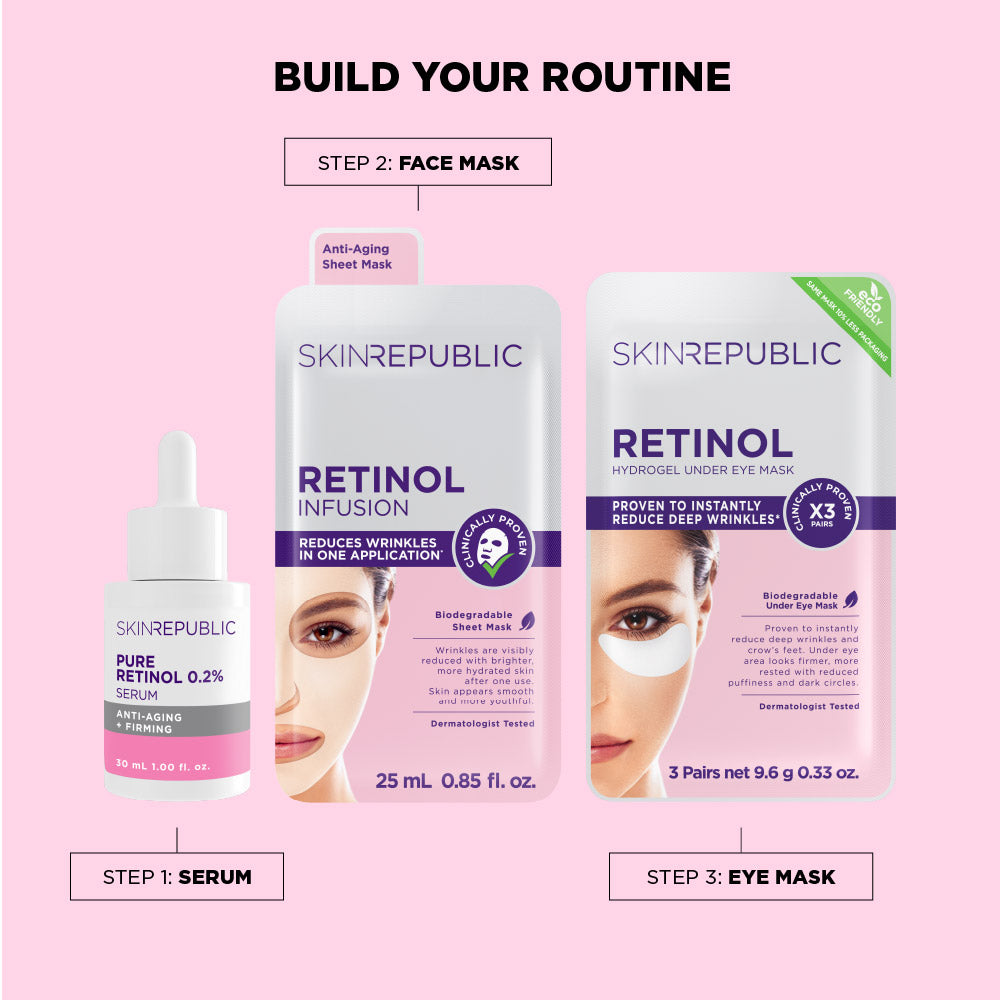 SKIN REPUBLIC skincare products including serum, face mask, and eye mask on a pink background.