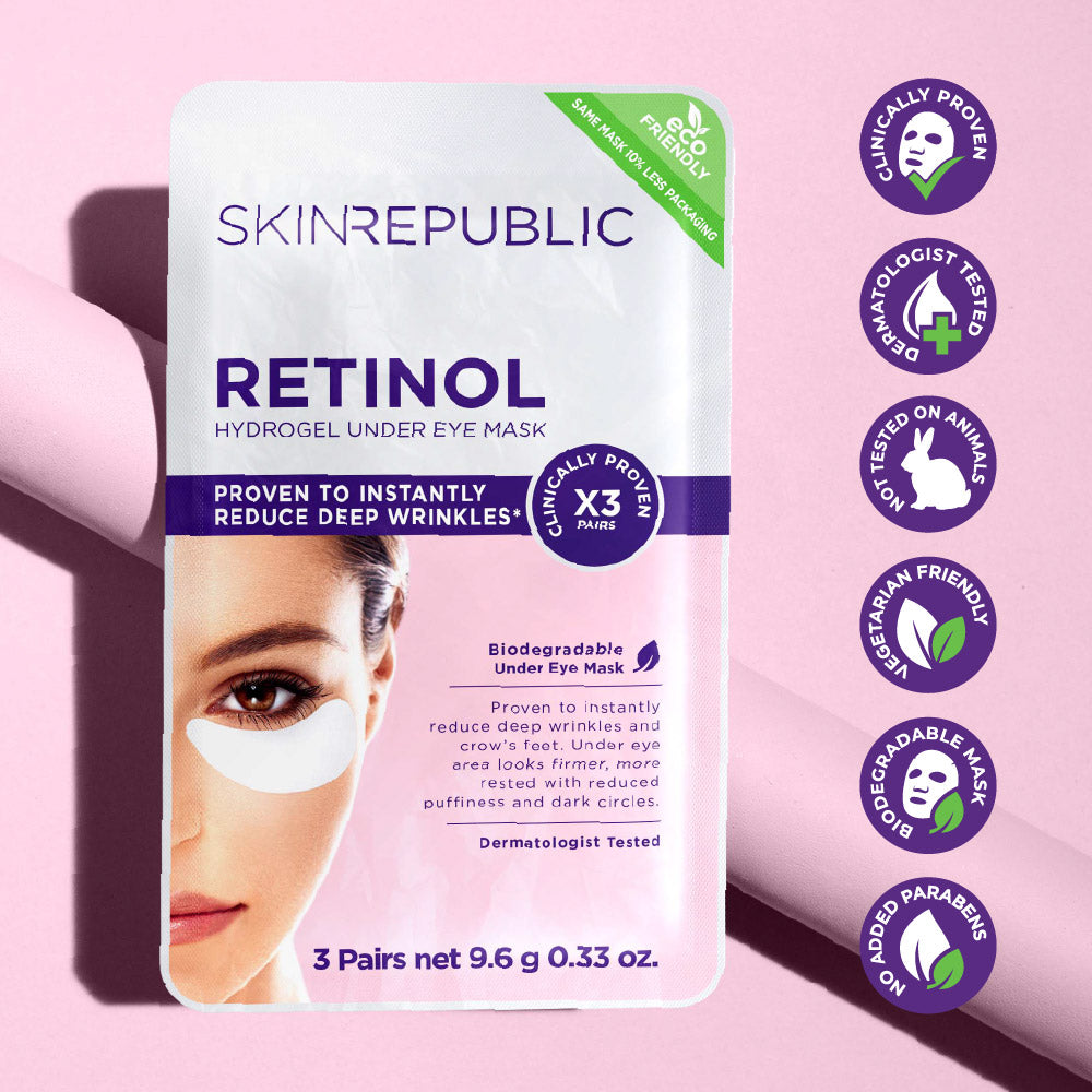 Skin Republic Retinol hydrogel under eye mask packaging on a pink background