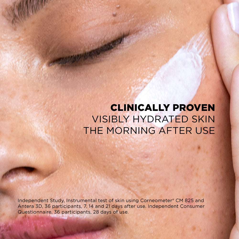 Close-up of a person's face with skincare product application, text about clinically proven hydration.
