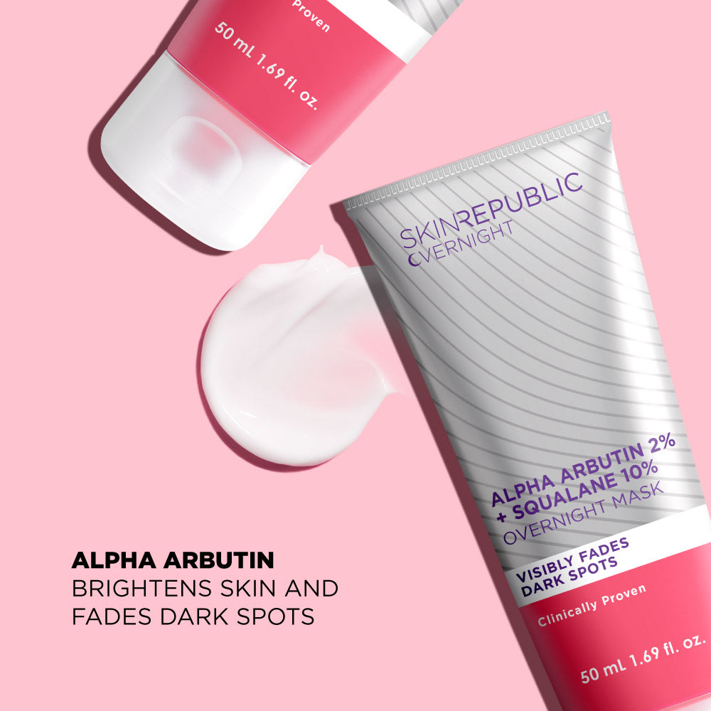 Skin Republic overnight mask with alpha arbutin on a pink background