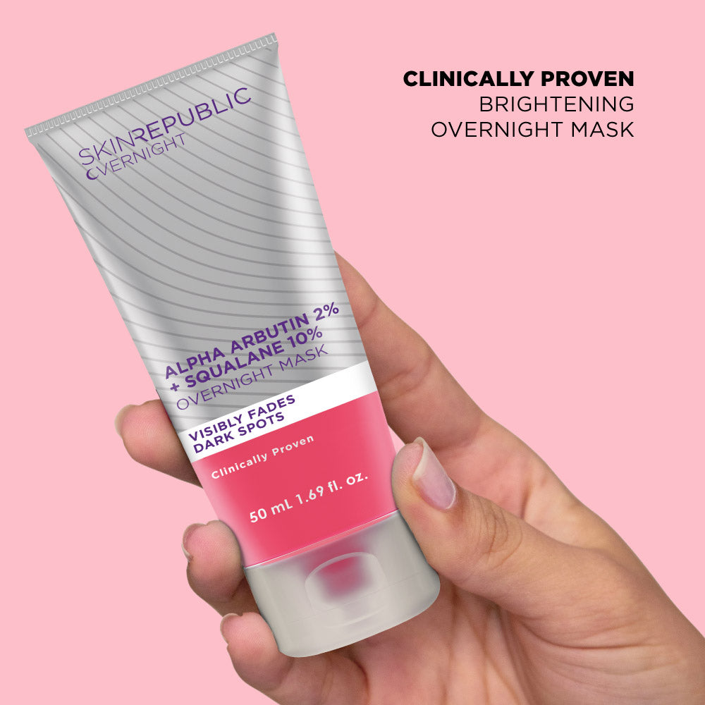 Hand holding a Skin Republic overnight mask with pink background