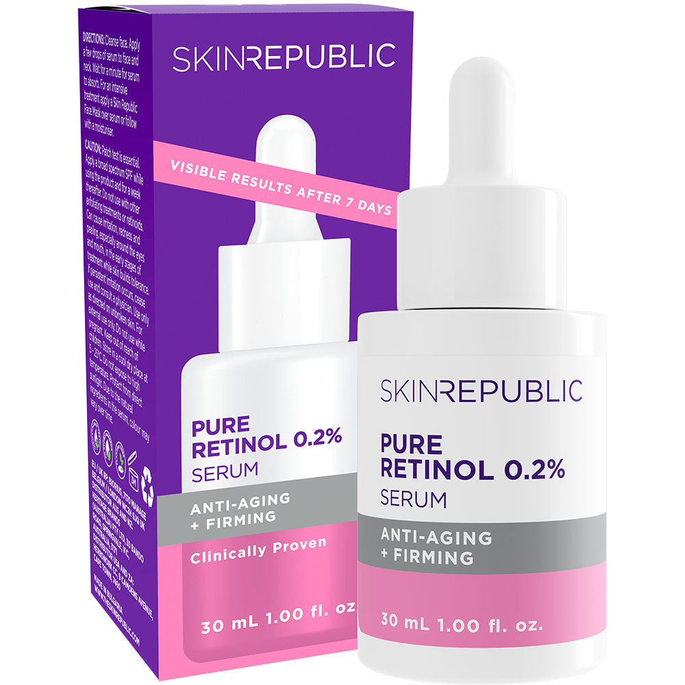 A product image showing a box and bottle of Skin Republic Pure Retinol 0.2% Serum with text highlighting anti-aging and firming benefits, and a 30ml quantity specified.