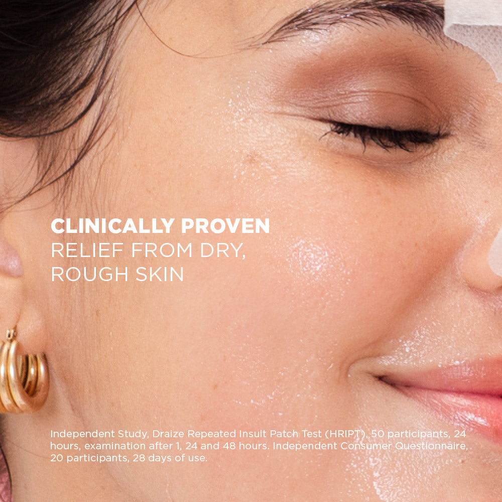 Close-up of a person's face with skincare product application, text about clinical proven relief from dry, rough skin.