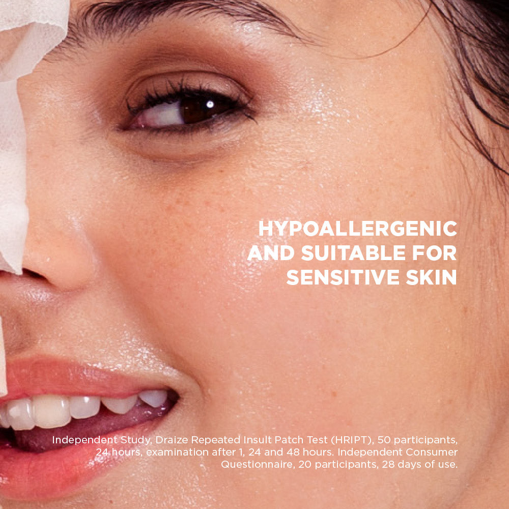 Close-up of a woman's face with text indicating hypoallergenic and sensitive skin compatibility.