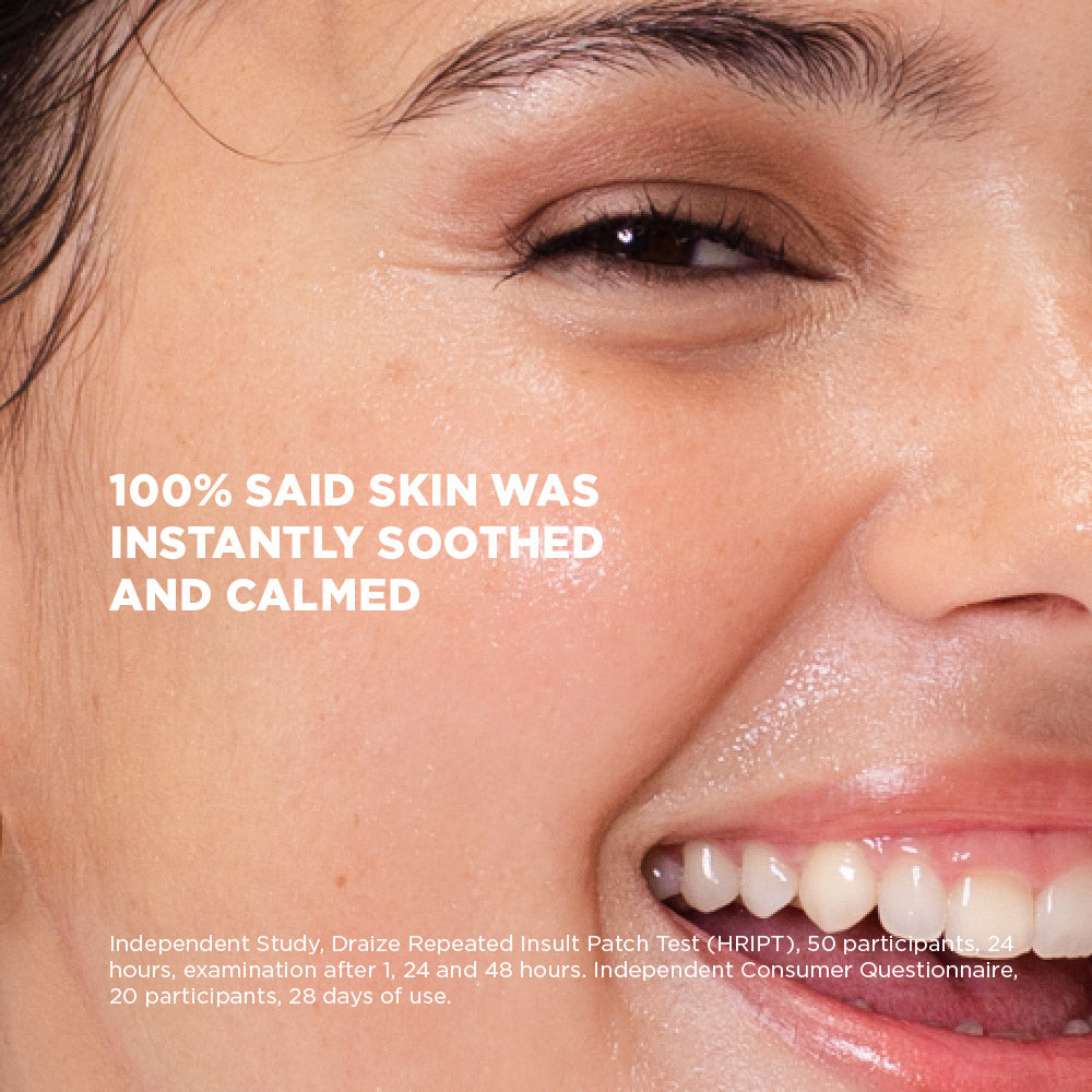 Close-up of a person's face with text indicating skin soothing effects.