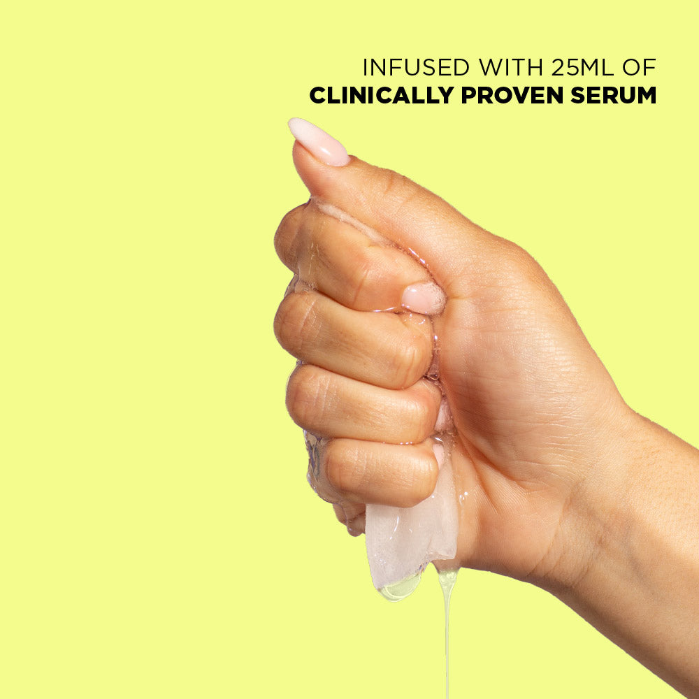 Hand squeezing a skincare product with text about clinically proven serum on a yellow background