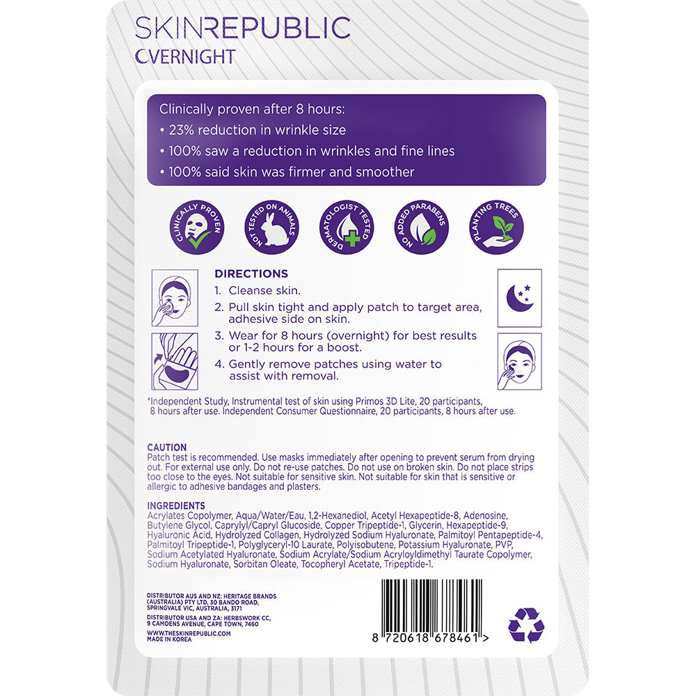 Packaging of SkinRepublic Overnight Anti-Wrinkle Face Patch with a claim of 23% reduction in wrinkle size after 8 hours, including an image of a person applying the patch and the product name and quantity (12 patches).
