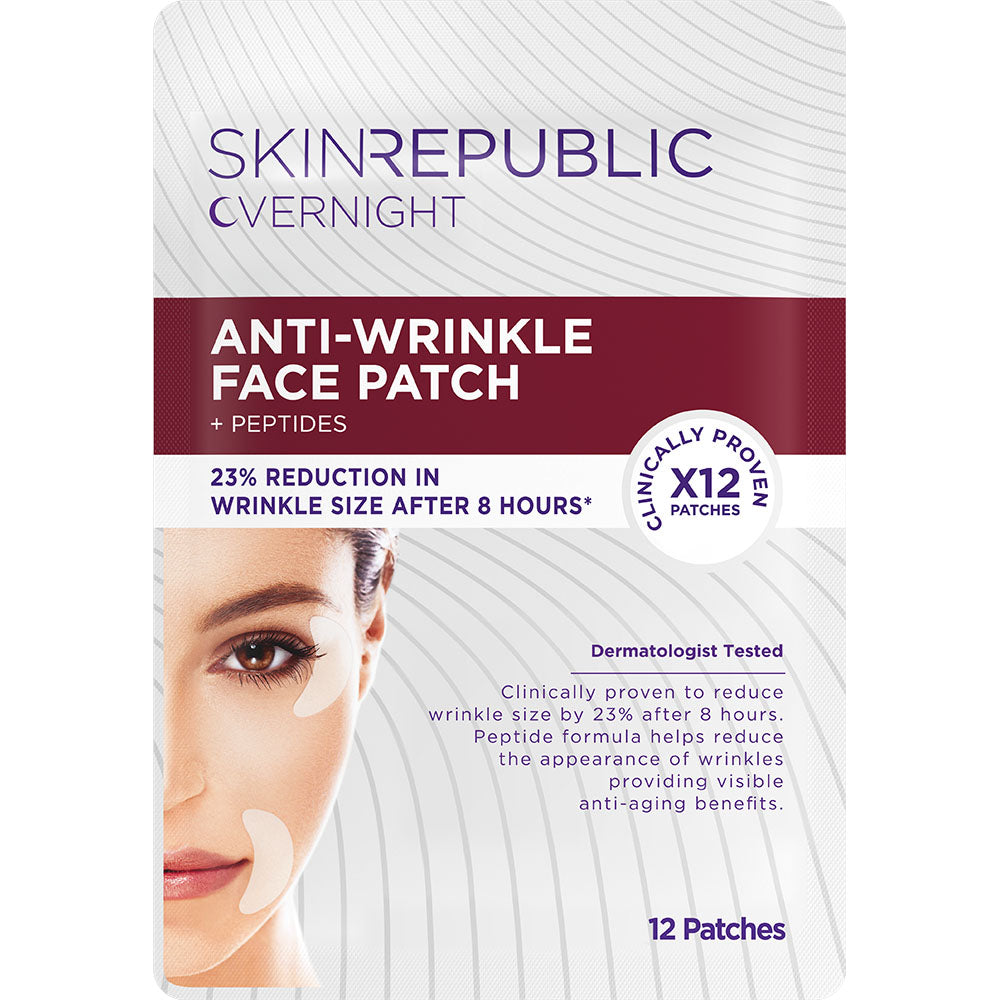 Packaging of SkinRepublic Overnight Anti-Wrinkle Face Patch with a claim of 23% reduction in wrinkle size after 8 hours, including an image of a person applying the patch and the product name and quantity (12 patches).