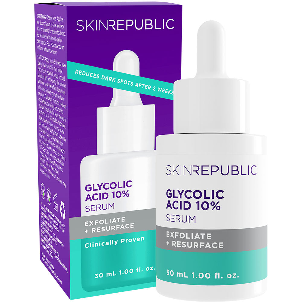Skin Republic Glycolic Acid 10% Serum with packaging on a white background