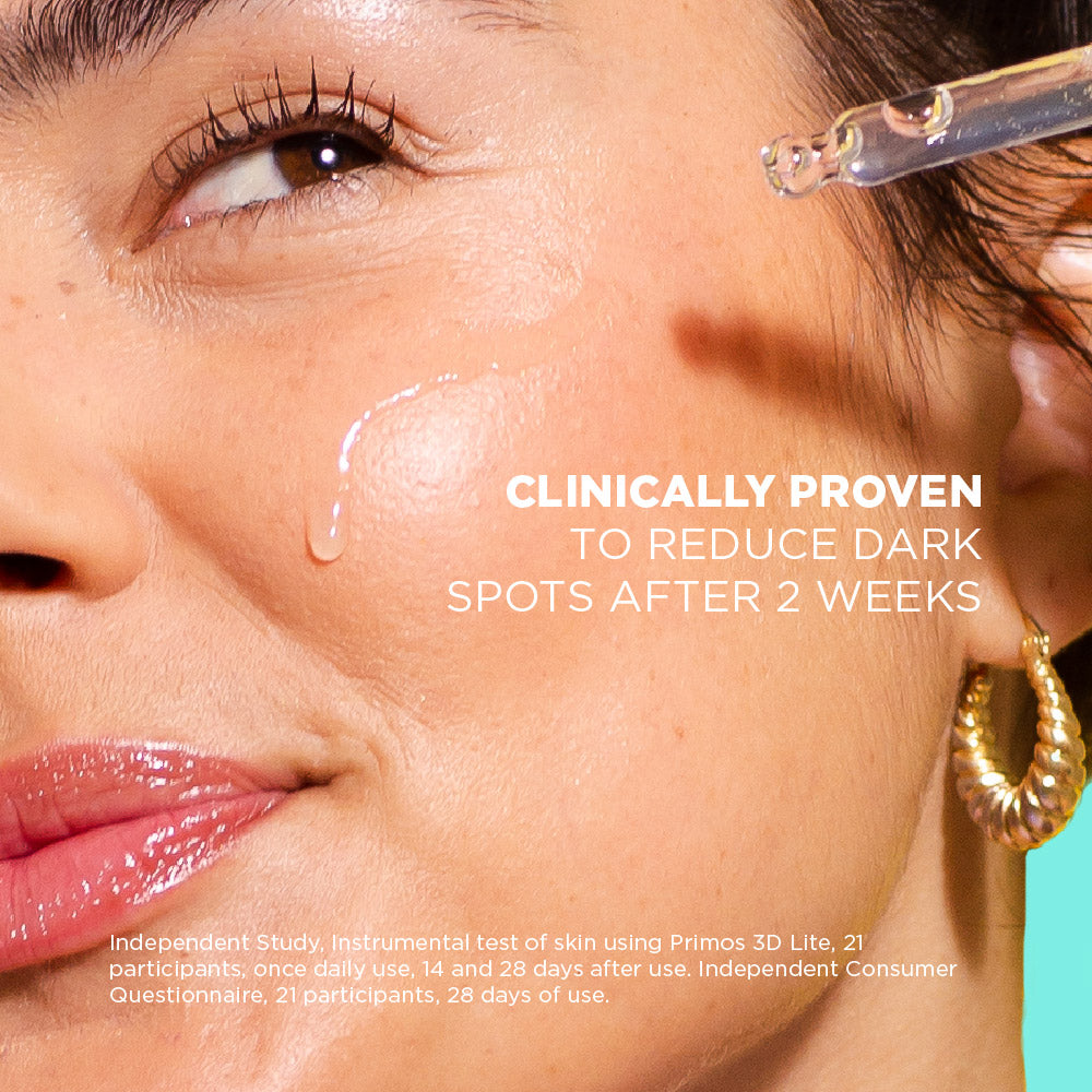 Close-up of a woman's face with skincare product application, text about clinical proven effects.