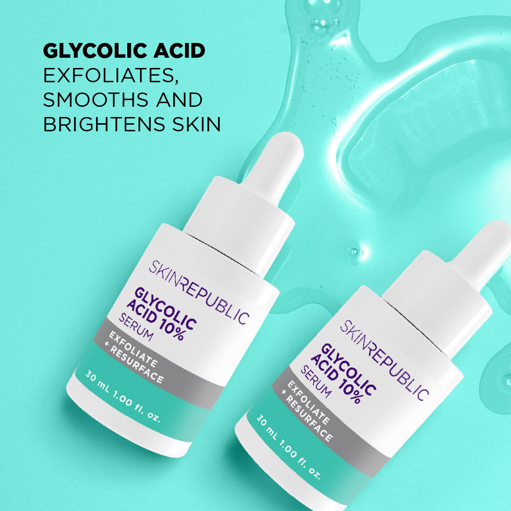 Two bottles of Skin Republic Glycolic Acid Serum on a teal background with text about skin benefits.