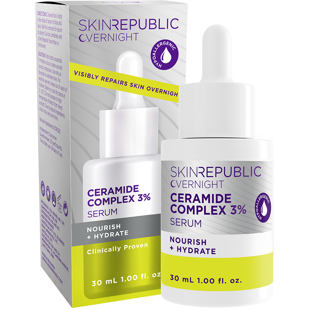 Skin Republic Ceramide Complex 3% Serum packaging with dropper bottle on a white background