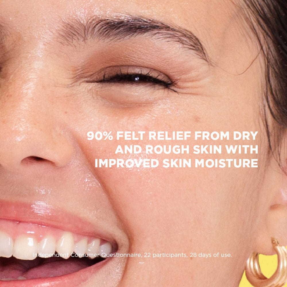Close-up of a woman's face with text about skin relief and moisture improvement.