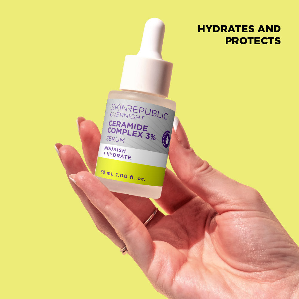 Hand holding a Skin Republic serum bottle with a yellow background and text 'Hydrates and Protects'.