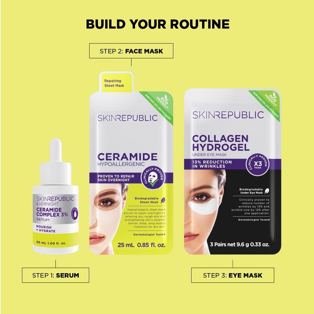 Skin Republic skincare products with step-by-step guide on a yellow background