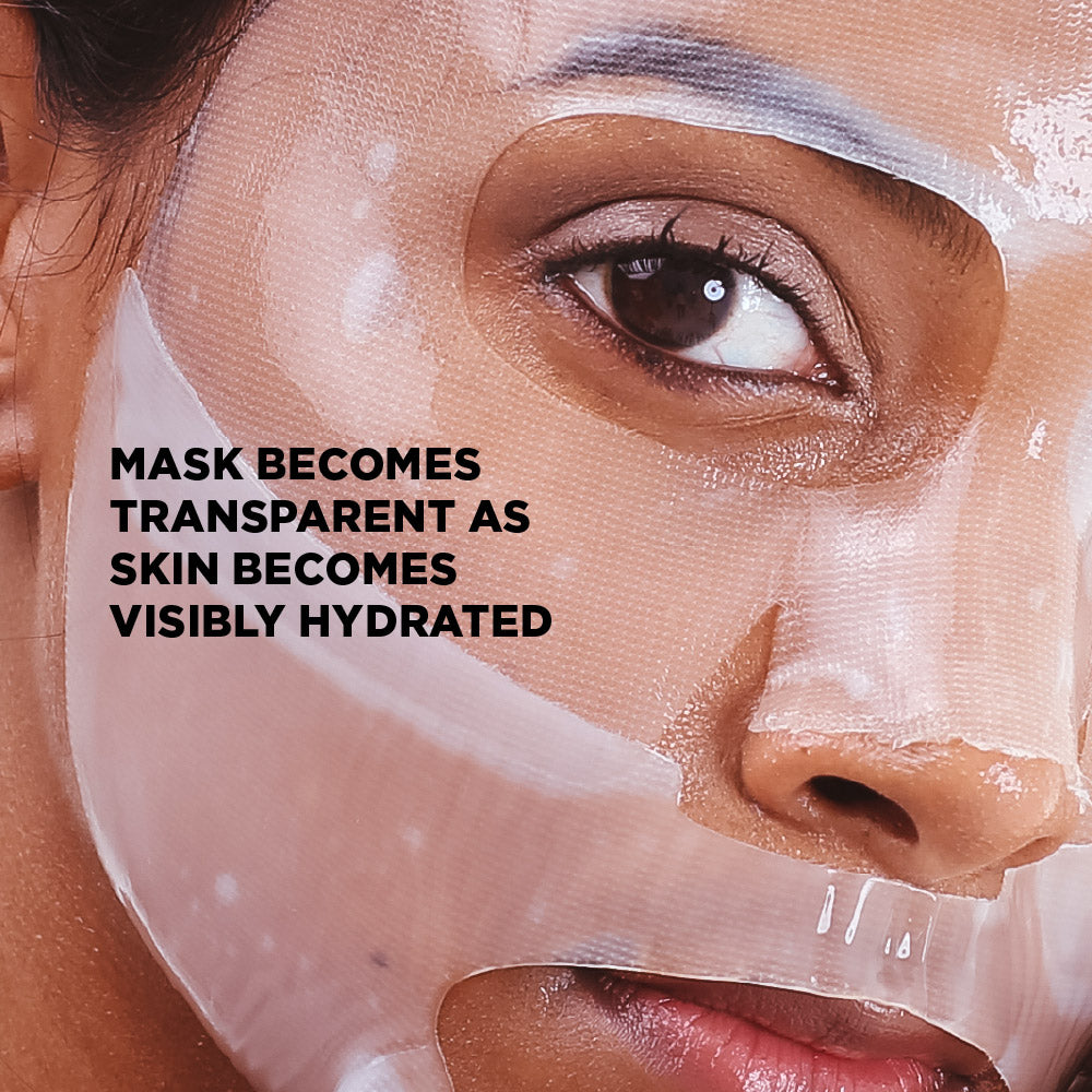 Close-up of a person wearing a face mask with text about skin hydration.