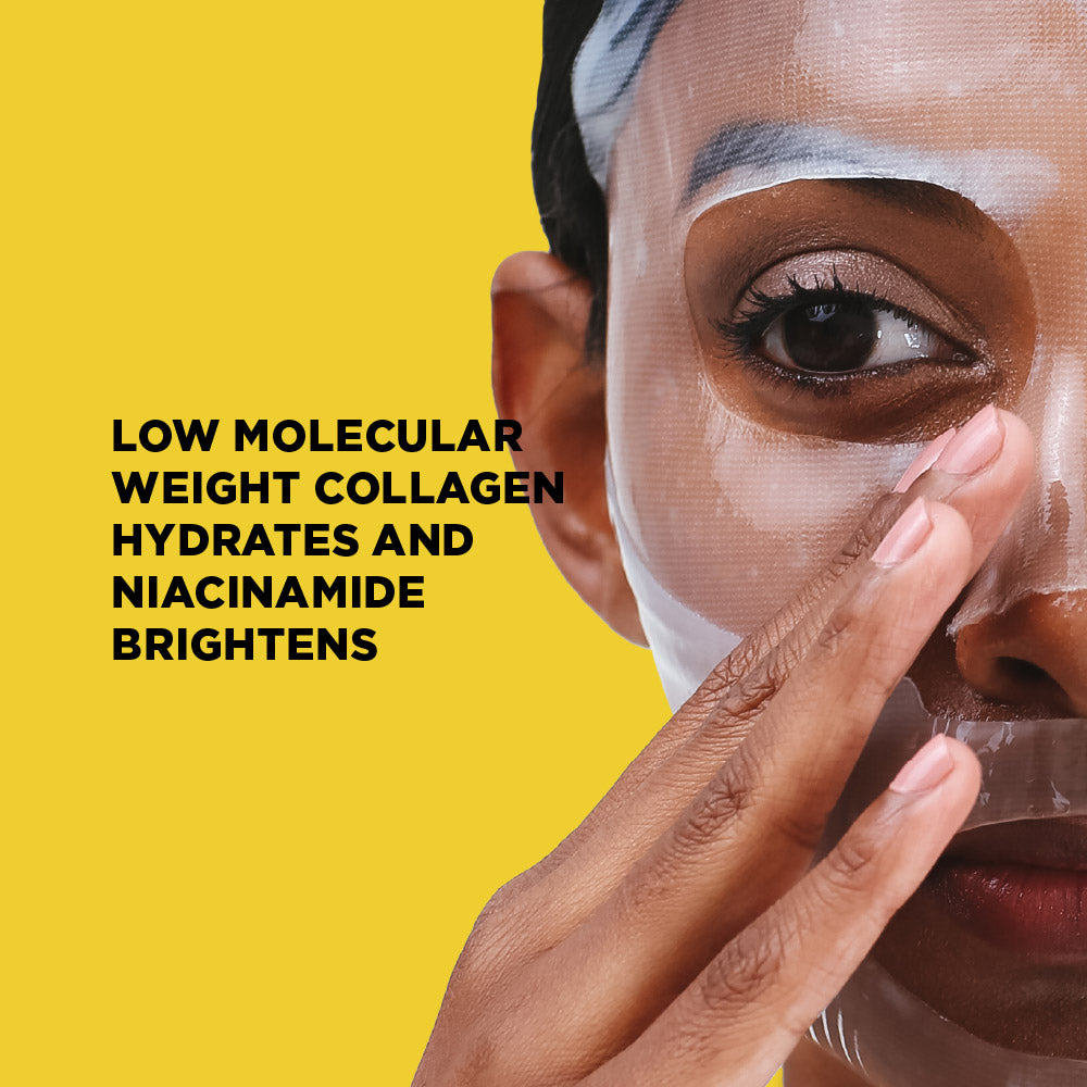 Person applying a face mask with text about low molecular weight collagen and niacinamide on a yellow background