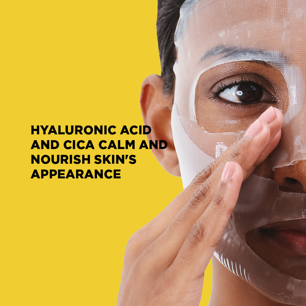 Person applying a face mask with text about hyaluronic acid and CICA on a yellow background