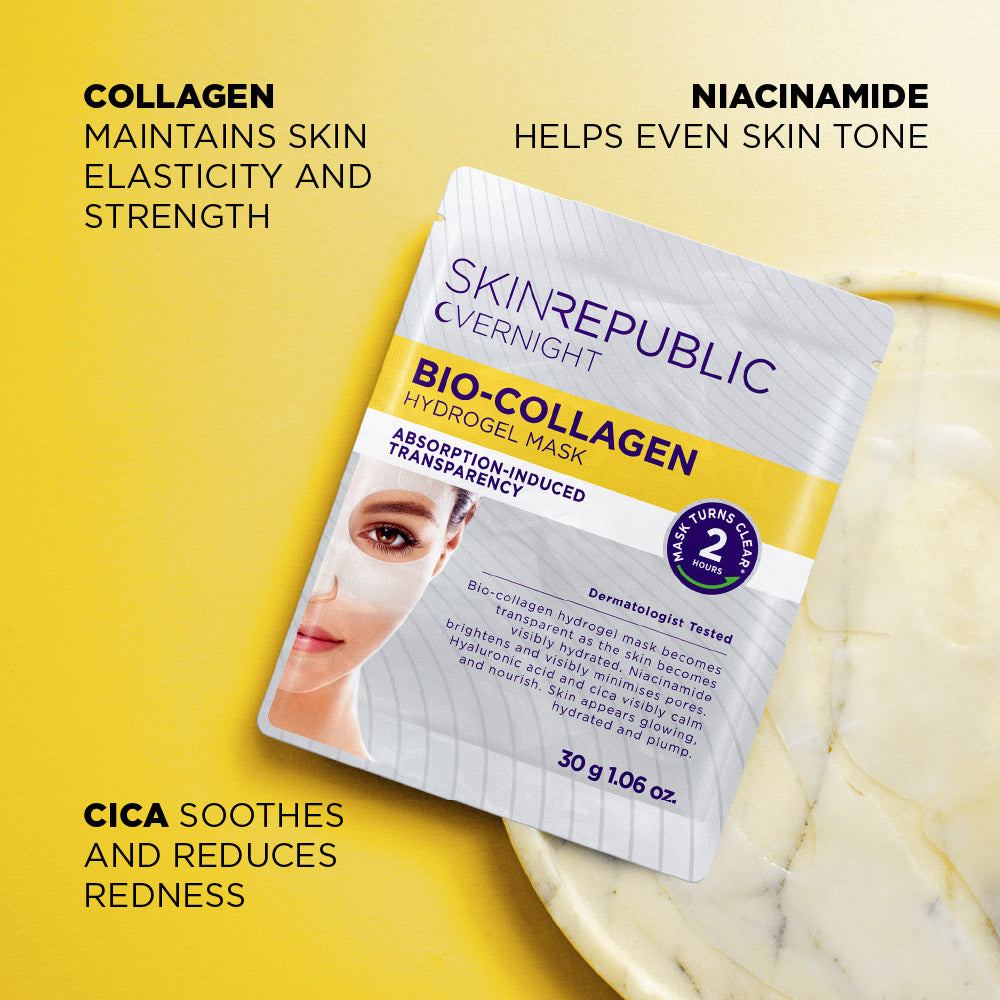 Skin Republic Bio-Collagen hydrogel mask packaging on a yellow background with text about ingredients.