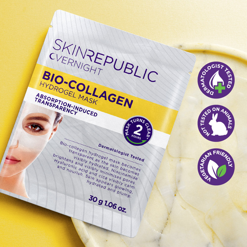 Skin Republic Bio-Collagen Hydrogel Mask packaging on a yellow background