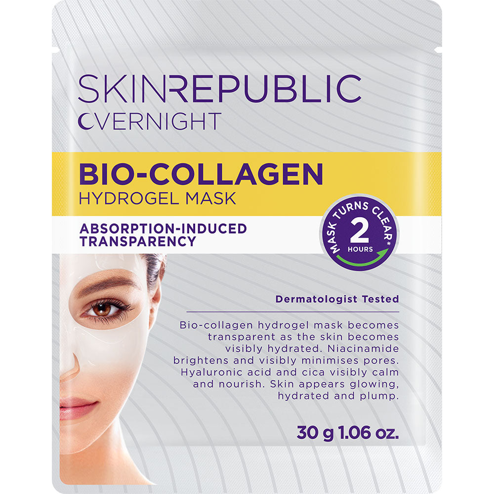 Skin Republic Bio-Collagen Hydrogel Mask packaging with text and a woman's face on a white background
