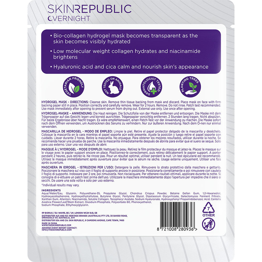 Skin Republic Bio-Collagen Hydrogel Mask packaging with text and a woman's face on a white background