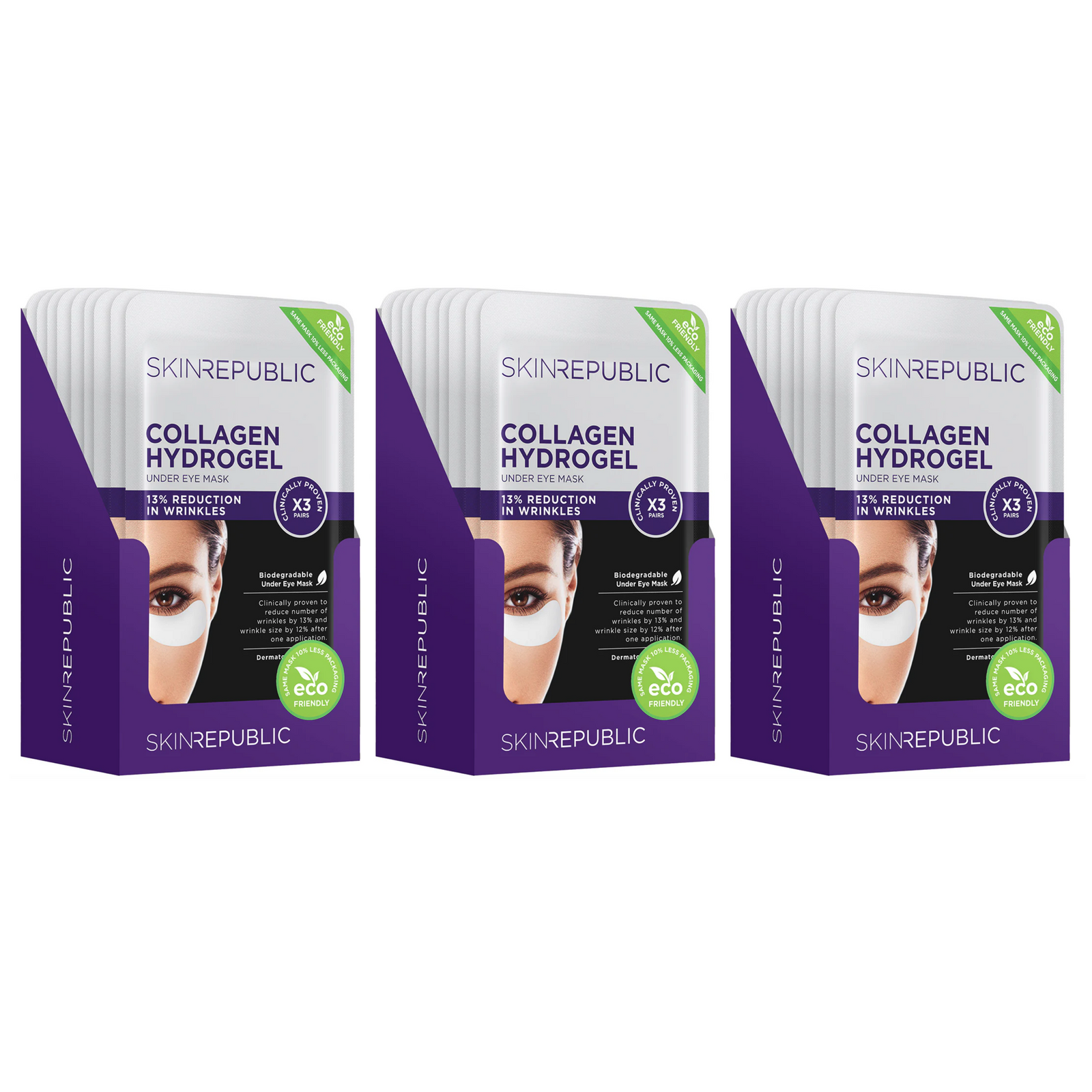 Three boxes of Skin Republic Collagen Biodeg Hydrogel Under Eye Patch, each box contains 10 packs.