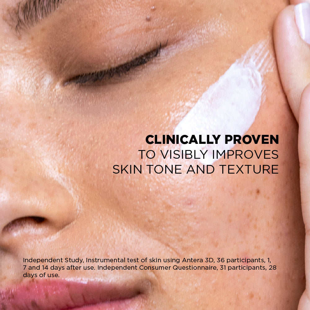Close-up of a person applying a skincare product to their face with text claiming clinical benefits.