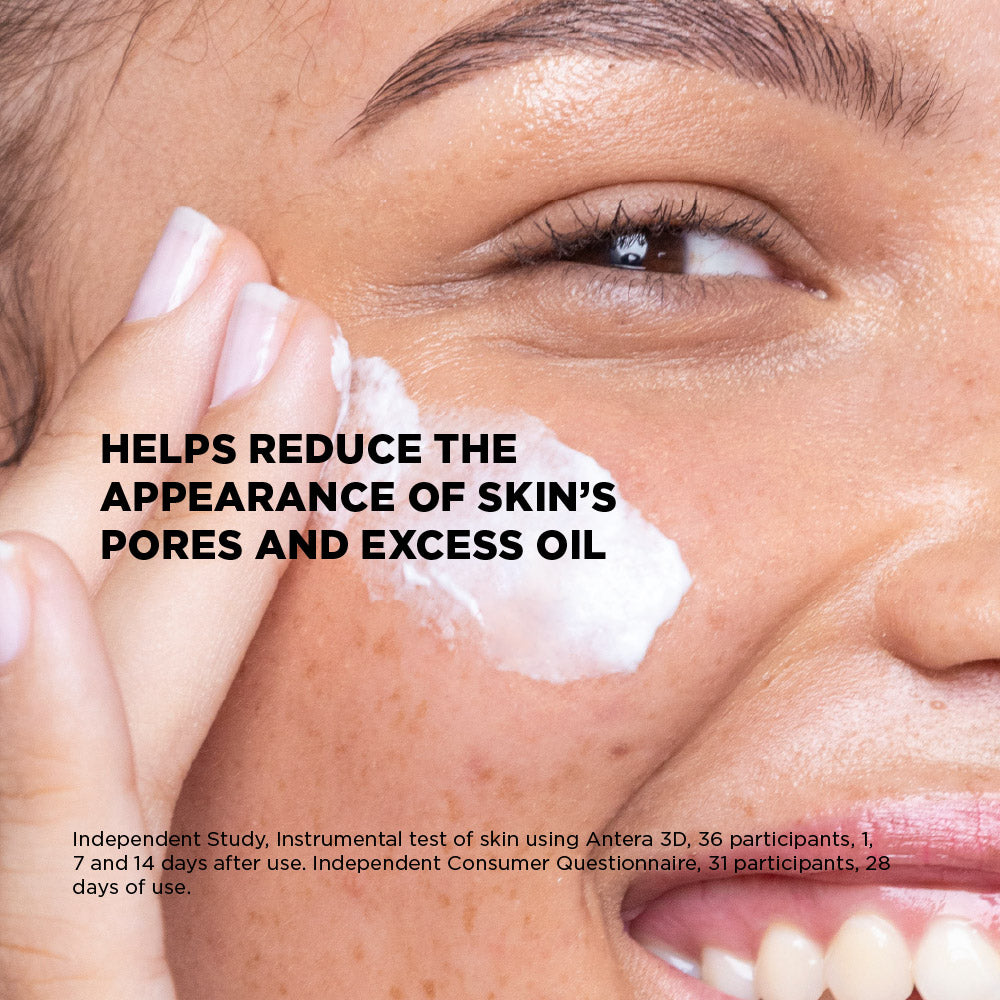 Close-up of a person applying cream to their face with text about pore reduction and oil control.