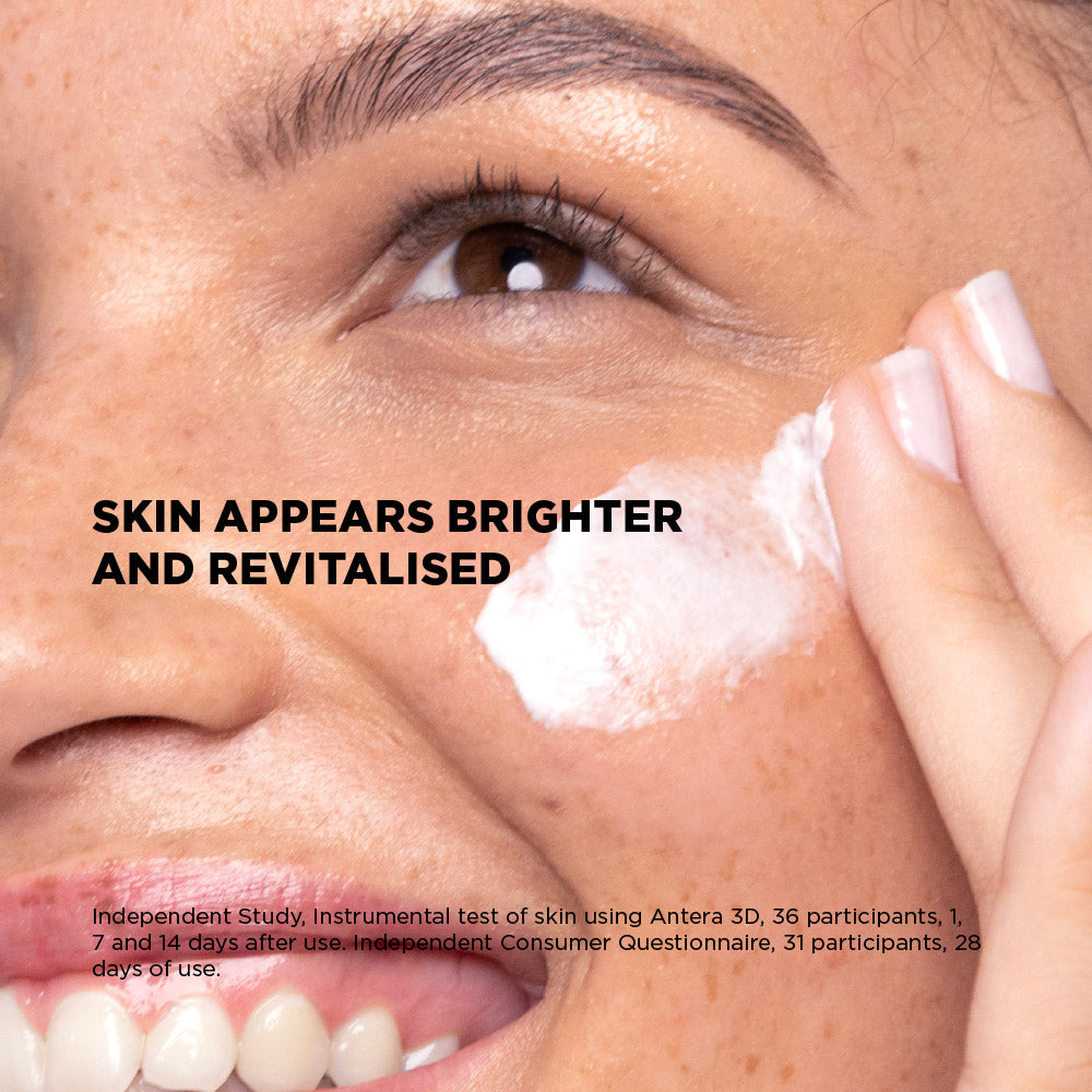 Person applying a skincare product to their face with text indicating skin appearance improvement.