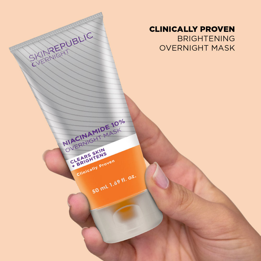 Hand holding a Skin Republic Niacinamide 10% Overnight Mask with a beige background