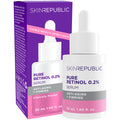 A product image showing a box and bottle of Skin Republic Pure Retinol 0.2% Serum with text highlighting anti-aging and firming benefits, and a 30ml quantity specified.