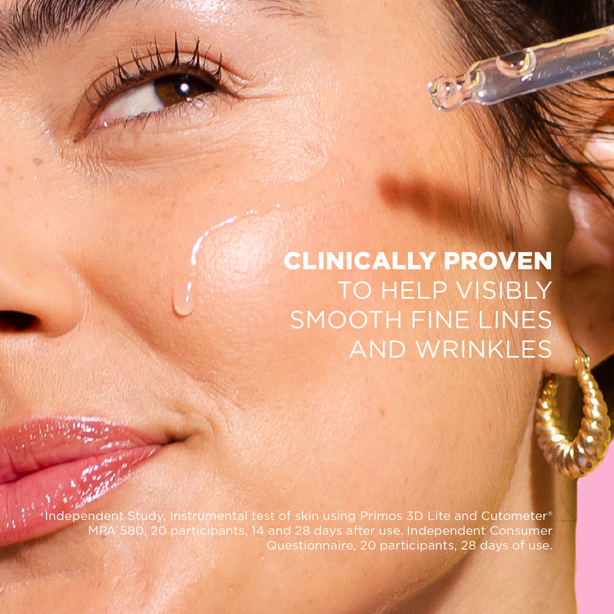 Close-up of a woman's face with skincare product application, text about clinical proven effects.