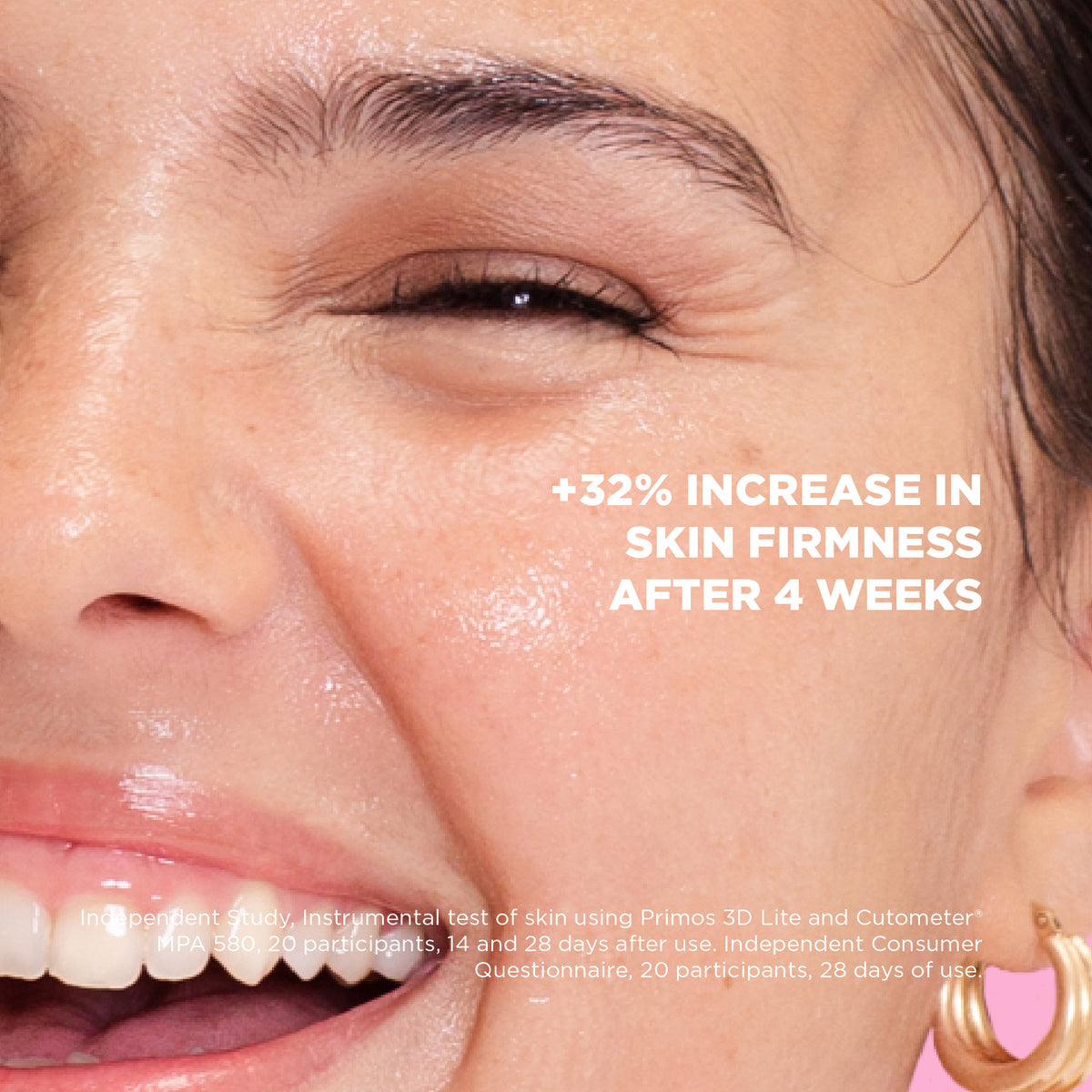 Close-up of a woman's face with text indicating a 32% increase in skin firmness after 4 weeks.