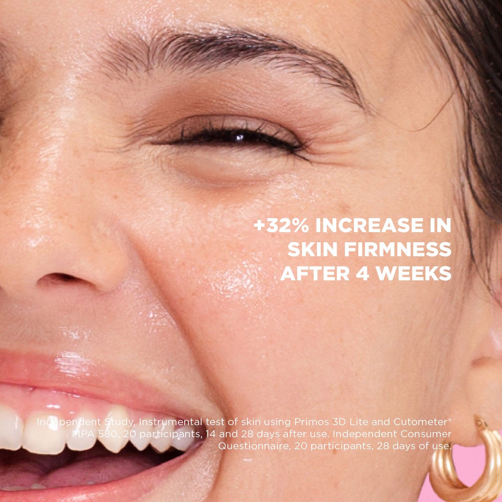 Close-up of a woman's face with text indicating a 32% increase in skin firmness after 4 weeks.