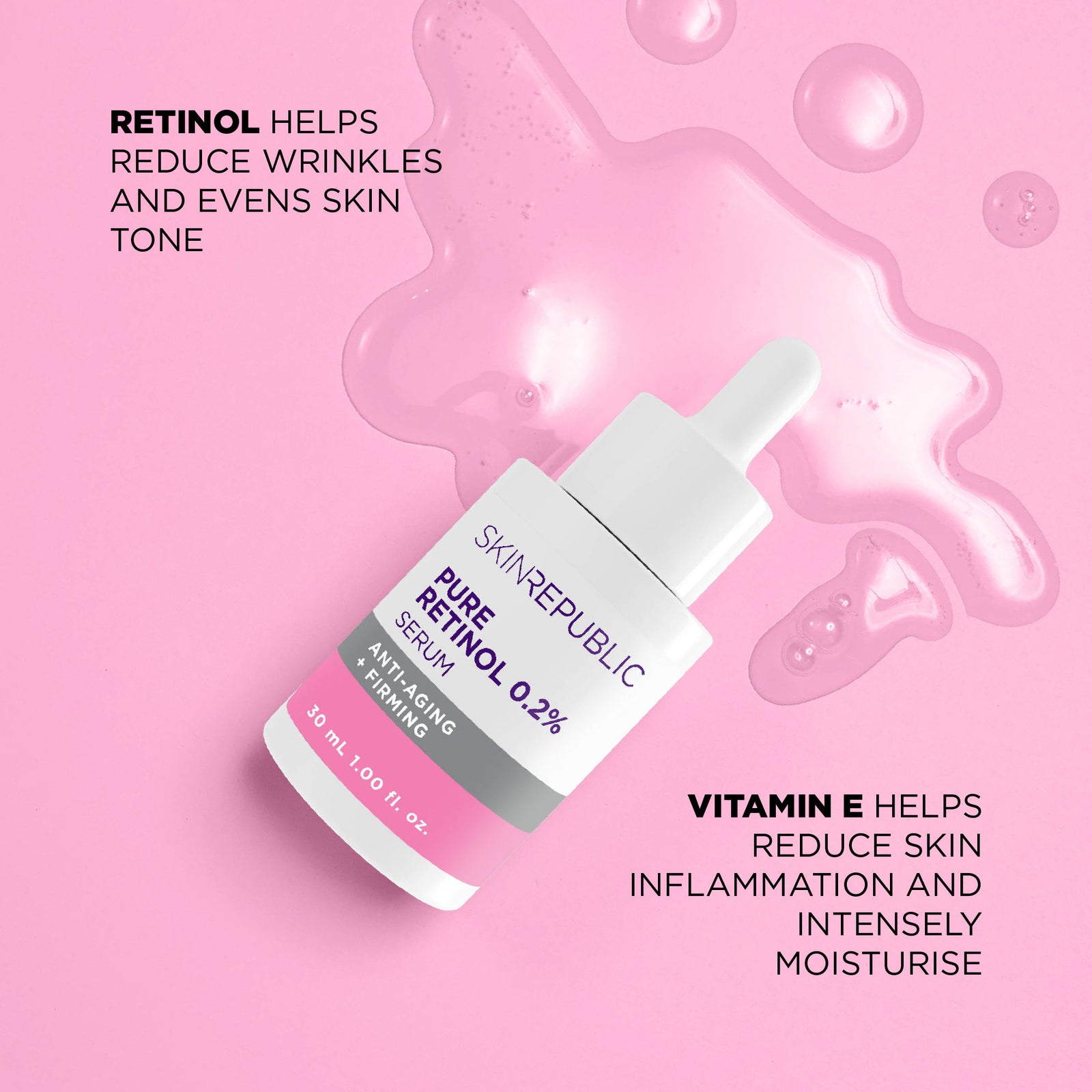 Skin Republic Pure Retinol serum bottle on a pink background with text about retinol and vitamin E benefits.