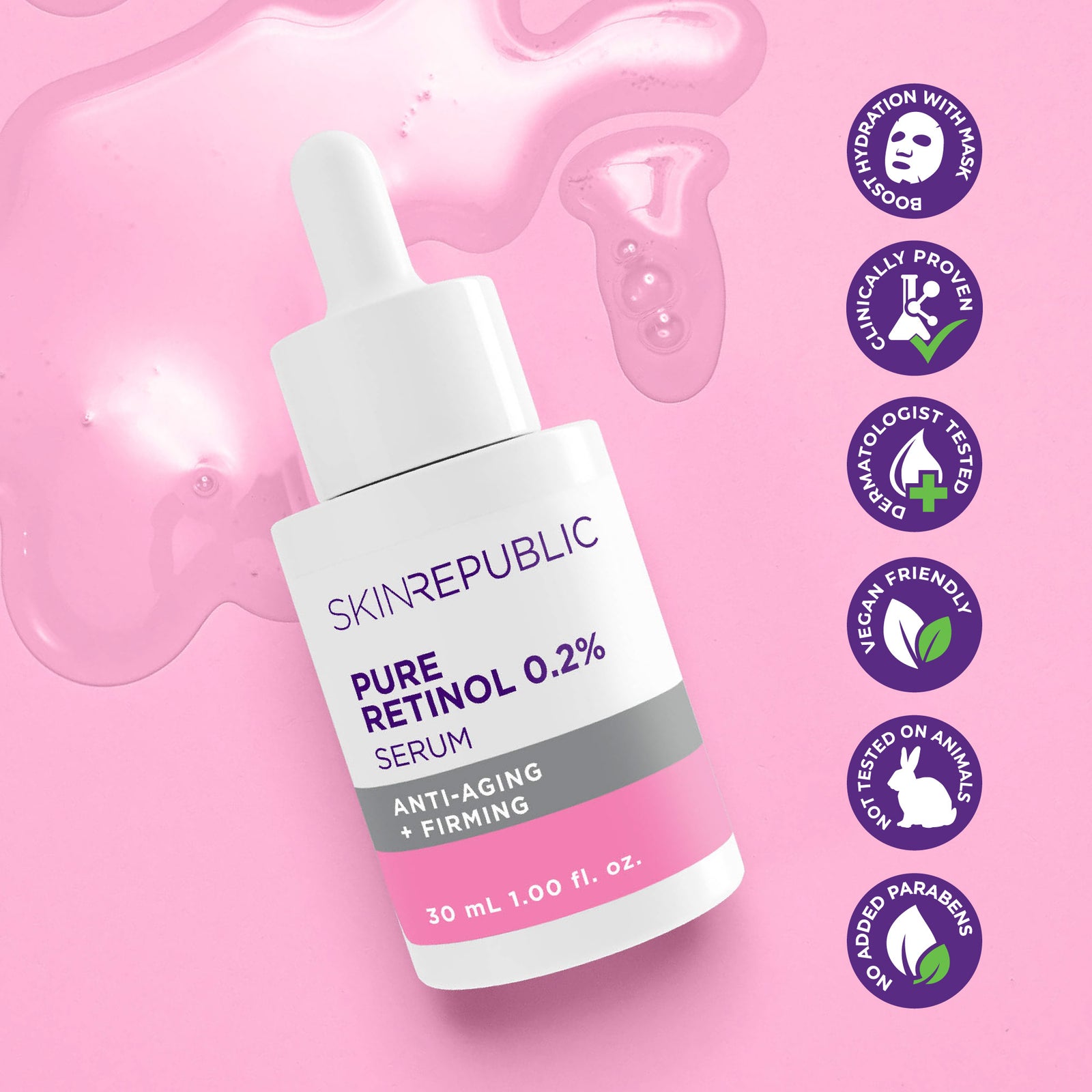 Skin Republic Pure Retinol 0.2% Serum bottle on a pink background with product features listed.