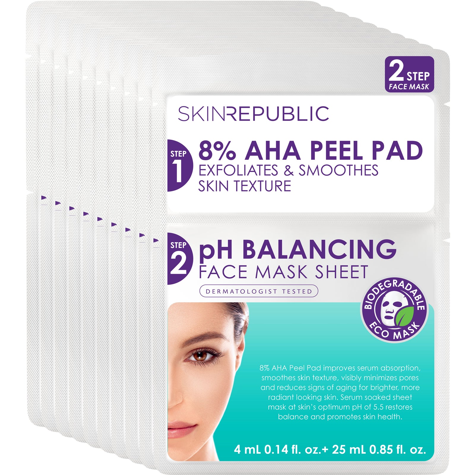10 Pack 2 Step 8% AHA Peel Pad + pH Balancing Face Mask
