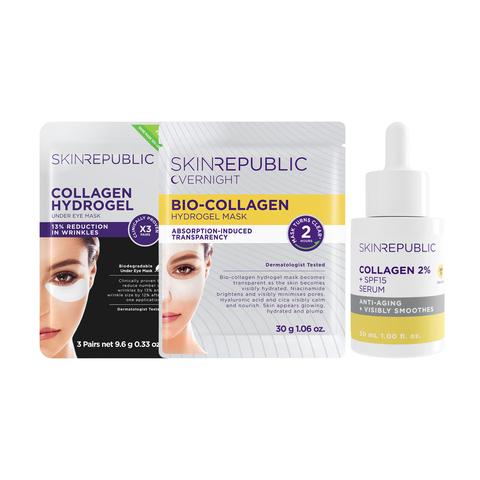 Skin Republic skincare products including hydrogel masks and serum on a white background