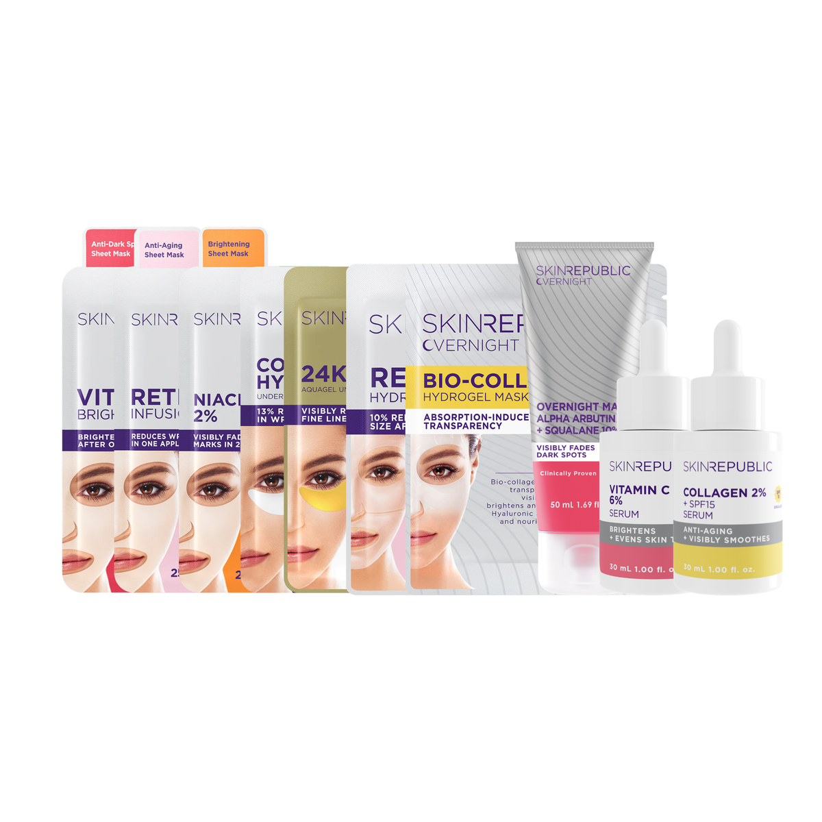 Collection of Skin Republic skincare products on a white background